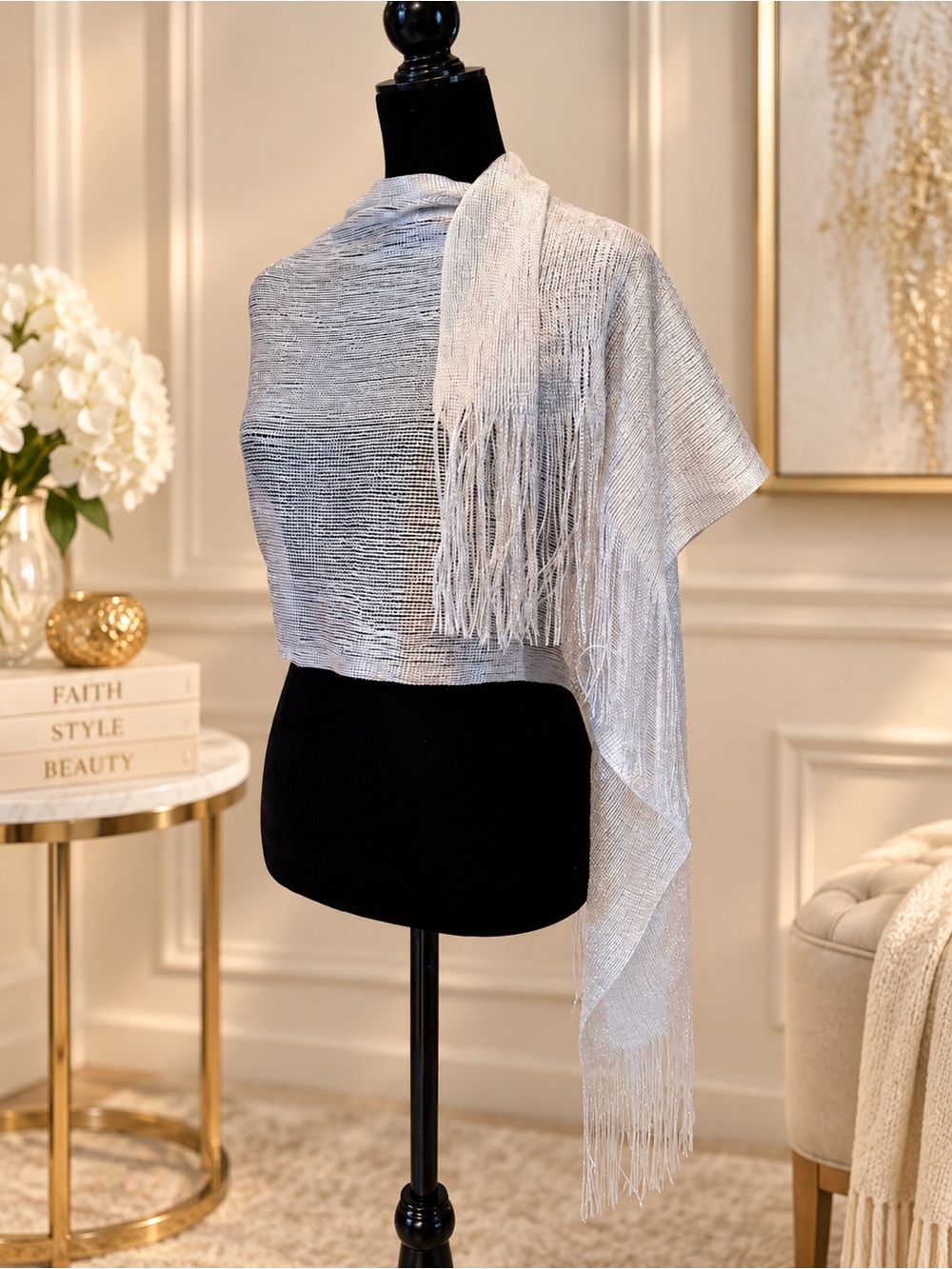 Silver Metallic Fringe Shawl Wrap - Elegant Evening Scarf